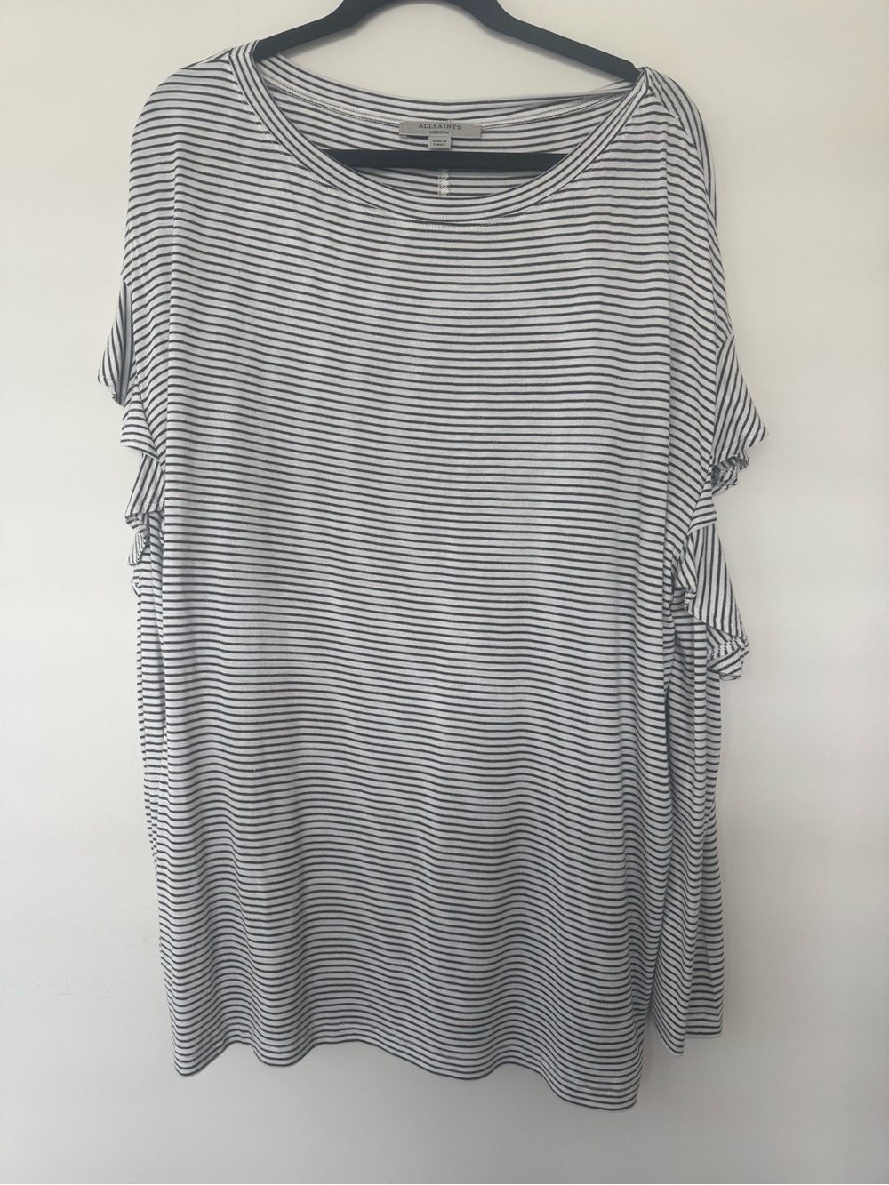All Saints Black & White striped Ruffle Open Shoulder Long Sleeve Oversized M